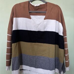Mystree Multi-Stripe V-Neck Sweater in Brown, White, Black, Olive, Gray